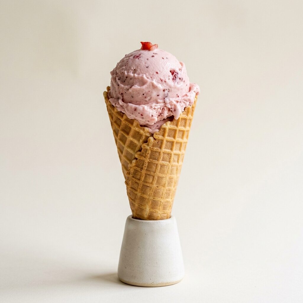Strawberry scoop with fruit flecks on a waffle cone