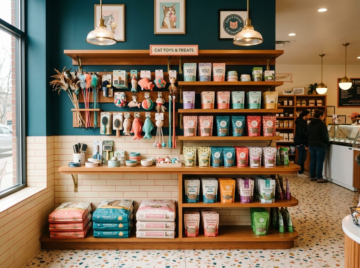 Cat toys and treats wall display on a teal wall with honey shelving
