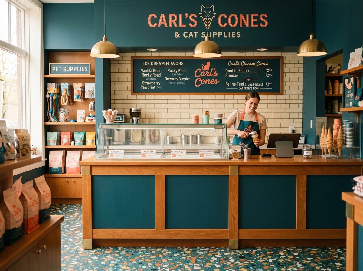 Server scooping at the counter beneath the hanging Carl's Cones sign